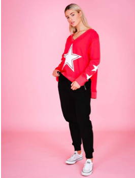 Frankie 5 Star V Neck Sweater Pink Flash