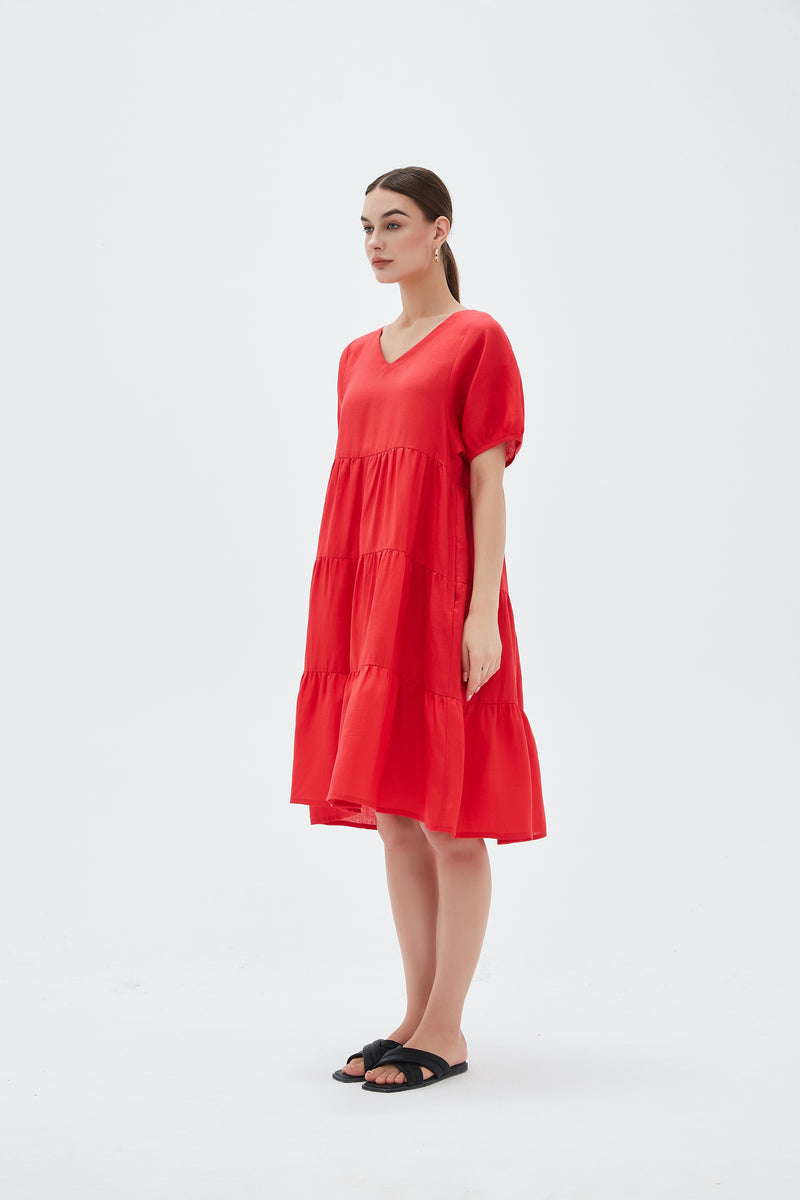 Tiered Linen Dress Candy Red