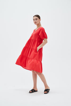 Tiered Linen Dress Candy Red