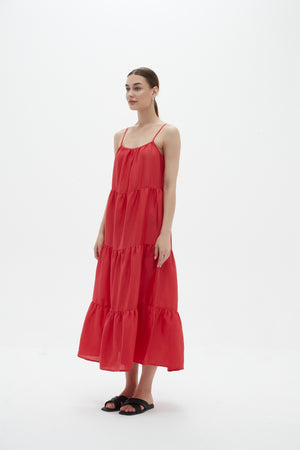 Cami Tiered Linen Dress Candy Red