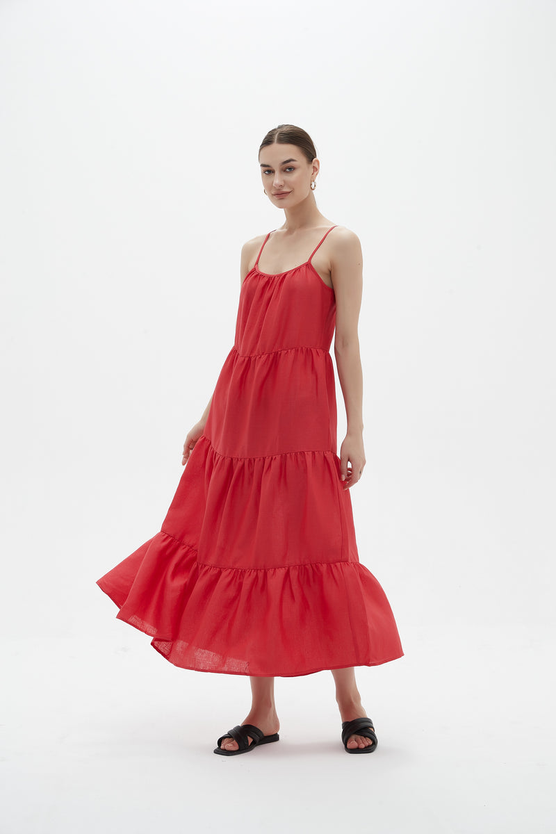 Cami Tiered Linen Dress Candy Red